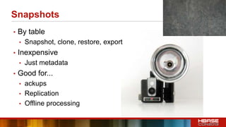 Snapshots
• By table
• Snapshot, clone, restore, export
• Inexpensive
• Just metadata
• Good for...
• ackups
• Replication
• Offline processing
 