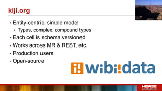 kiji.org
• Entity-centric, simple model
• Types, complex, compound types
• Each cell is schema versioned
• Works across MR & REST, etc.
• Production users
• Open-source
 
