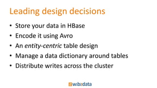 Leading design decisions
• Store your data in HBase
• Encode it using Avro
• An entity-centric table design
• Manage a data dictionary around tables
• Distribute writes across the cluster
 