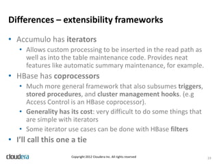 Differences – extensibility frameworks
• Accumulo has iterators
   • Allows custom processing to be inserted in the read path as
     well as into the table maintenance code. Provides neat
     features like automatic summary maintenance, for example.
• HBase has coprocessors
   • Much more general framework that also subsumes triggers,
     stored procedures, and cluster management hooks. (e.g
     Access Control is an HBase coprocessor).
   • Generality has its cost: very difficult to do some things that
     are simple with iterators
   • Some iterator use cases can be done with HBase filters
• I’ll call this one a tie
                     Copyright 2012 Cloudera Inc. All rights reserved   19
 