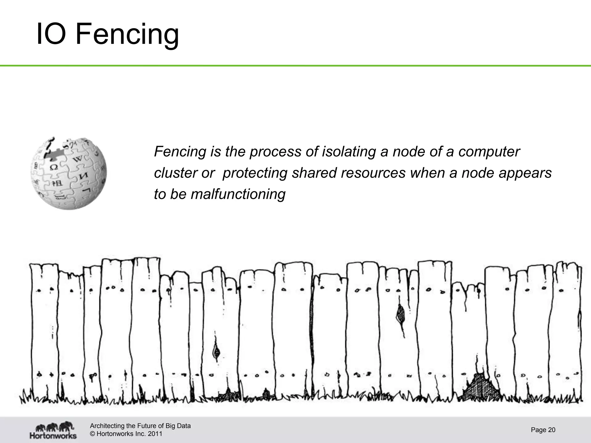 © Hortonworks Inc. 2011
IO Fencing
Fencing is the process of isolating a node of a computer
cluster or protecting shared resources when a node appears
to be malfunctioning
Page 20
Architecting the Future of Big Data
 