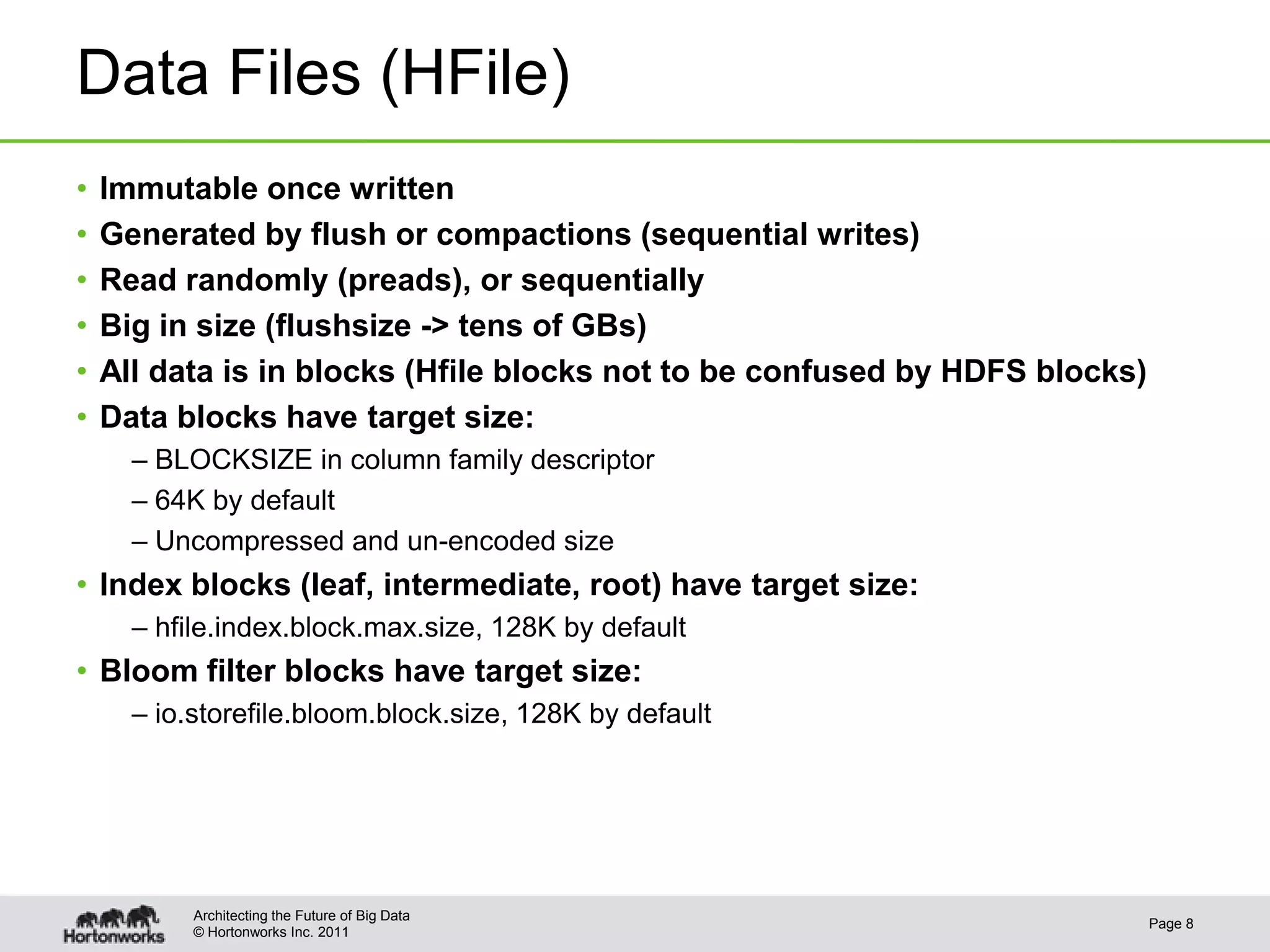 © Hortonworks Inc. 2011
Data Files (HFile)
• Immutable once written
• Generated by flush or compactions (sequential writes)
• Read randomly (preads), or sequentially
• Big in size (flushsize -> tens of GBs)
• All data is in blocks (Hfile blocks not to be confused by HDFS blocks)
• Data blocks have target size:
– BLOCKSIZE in column family descriptor
– 64K by default
– Uncompressed and un-encoded size
• Index blocks (leaf, intermediate, root) have target size:
– hfile.index.block.max.size, 128K by default
• Bloom filter blocks have target size:
– io.storefile.bloom.block.size, 128K by default
Page 8
Architecting the Future of Big Data
 