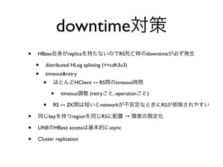 downtime対策
•   HBase自身がreplicaを持たないのでRS死亡時のdowntimeが必ず発生

    •   distributed HLog splitting (>=cdh3u3)
    •   timeout&re...