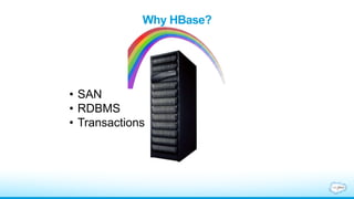 Why HBase?
• SAN
• RDBMS
• Transactions
 
