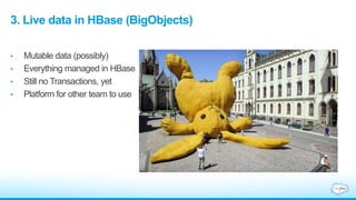 3. Live data in HBase (BigObjects)
• Mutable data (possibly)
• Everything managed in HBase
• Still no Transactions, yet
• ...