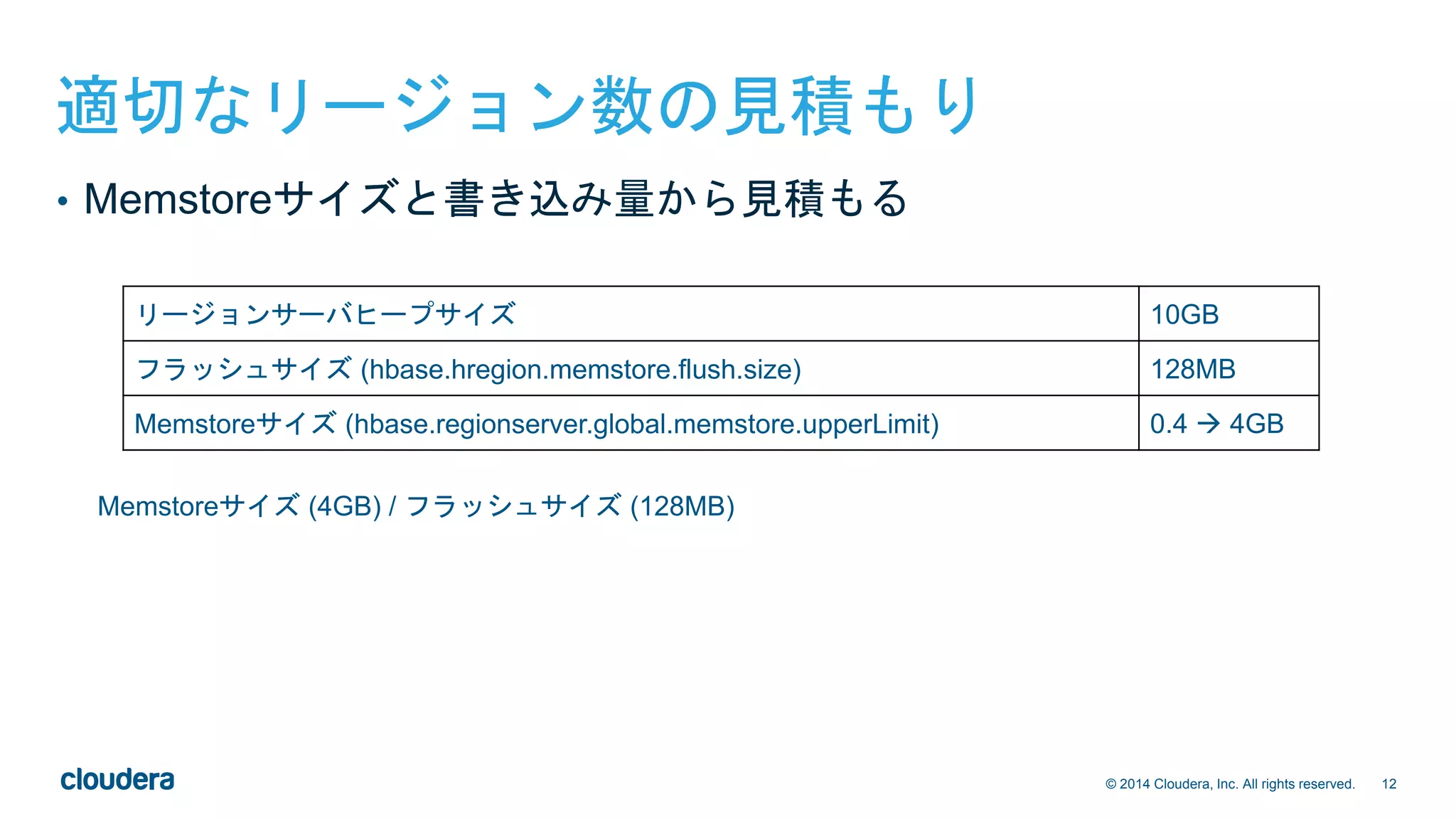 12© 2014 Cloudera, Inc. All rights reserved.
適切なリージョン数の見積もり
リージョンサーバヒープサイズ 10GB
フラッシュサイズ (hbase.hregion.memstore.flush.size) 128MB
Memstoreサイズ (hbase.regionserver.global.memstore.upperLimit) 0.4  4GB
Memstoreサイズ (4GB) / フラッシュサイズ (128MB)
• Memstoreサイズと書き込み量から見積もる
 