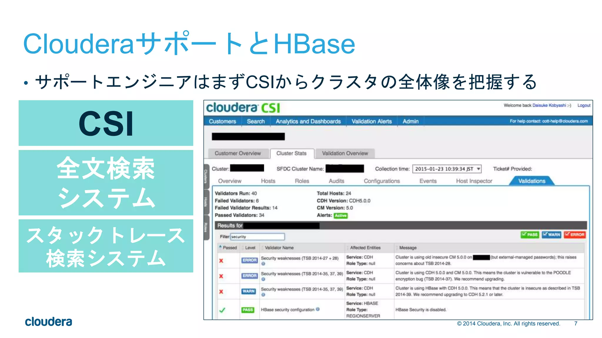 7© 2014 Cloudera, Inc. All rights reserved.
CSI
全文検索
システム
スタックトレース
検索システム
ClouderaサポートとHBase
• サポートエンジニアはまずCSIからクラスタの全体像を把握する
 