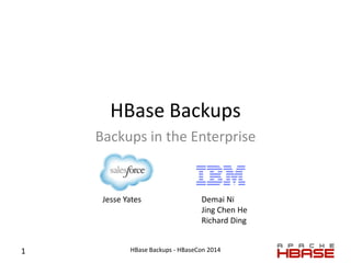 HBase Backups
Backups in the Enterprise
Jesse Yates Demai Ni
Jing Chen He
Richard Ding
1 HBase Backups - HBaseCon 2014
 