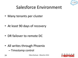 Salesforce Environment
• Many tenants per cluster
• At least 90 days of recovery
• DR failover to remote DC
• All writes t...
