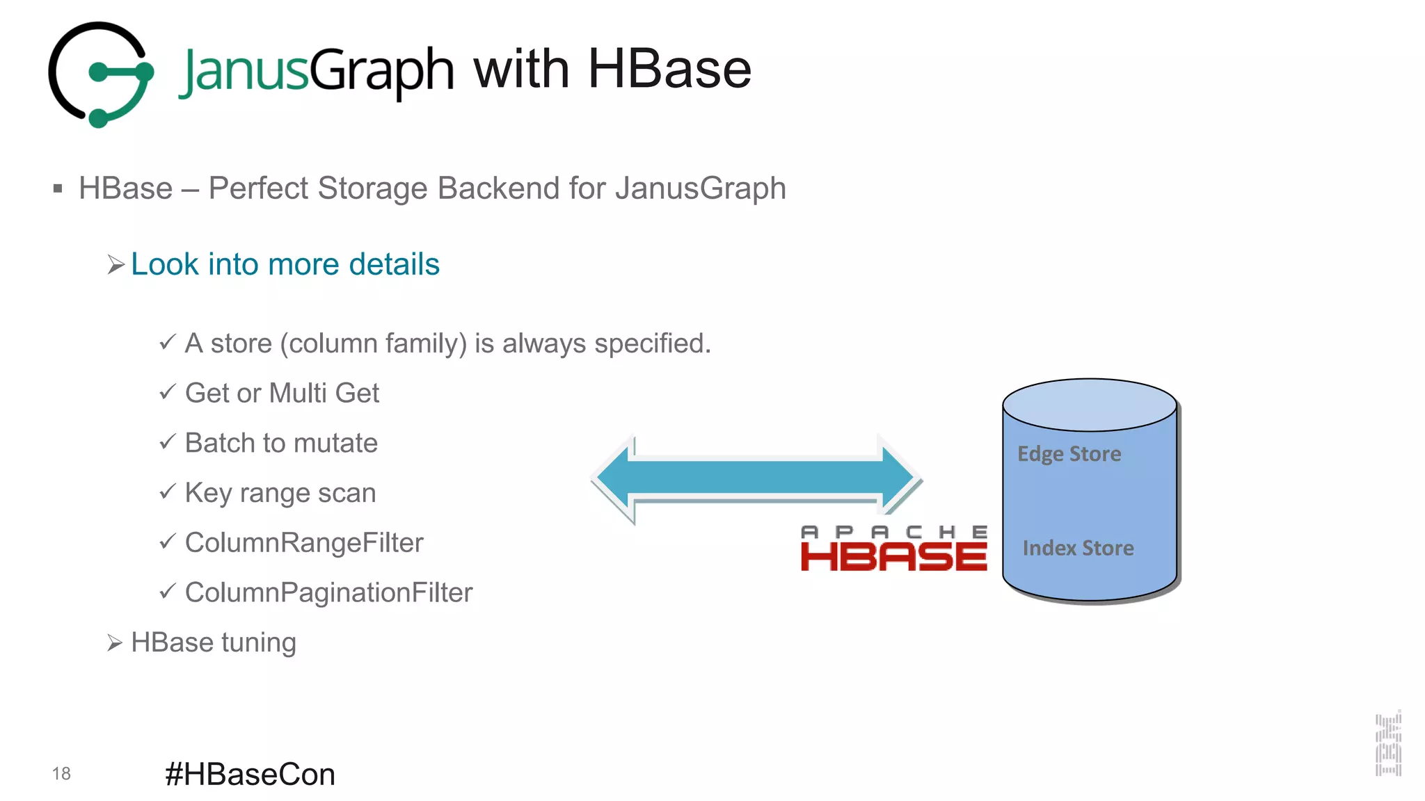 18 #HBaseCon
with HBase
 HBase – Perfect Storage Backend for JanusGraph
Look into more details
 A store (column family) is always specified.
 Get or Multi Get
 Batch to mutate
 Key range scan
 ColumnRangeFilter
 ColumnPaginationFilter
 HBase tuning
Edge Store
Index Store
 