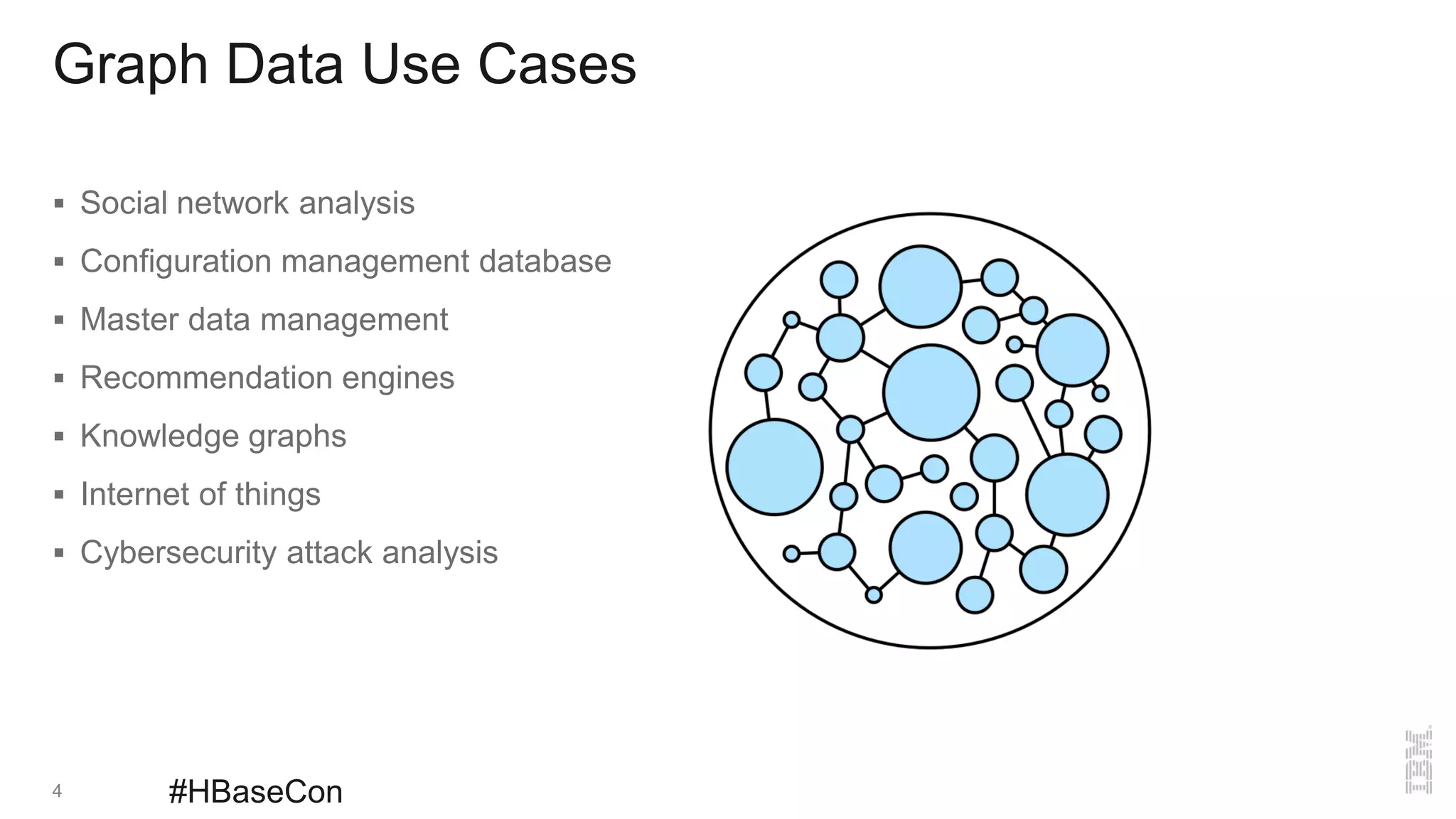 Graph Data Use Cases
 Social network analysis
 Configuration management database
 Master data management
 Recommendation engines
 Knowledge graphs
 Internet of things
 Cybersecurity attack analysis
4 #HBaseCon
 