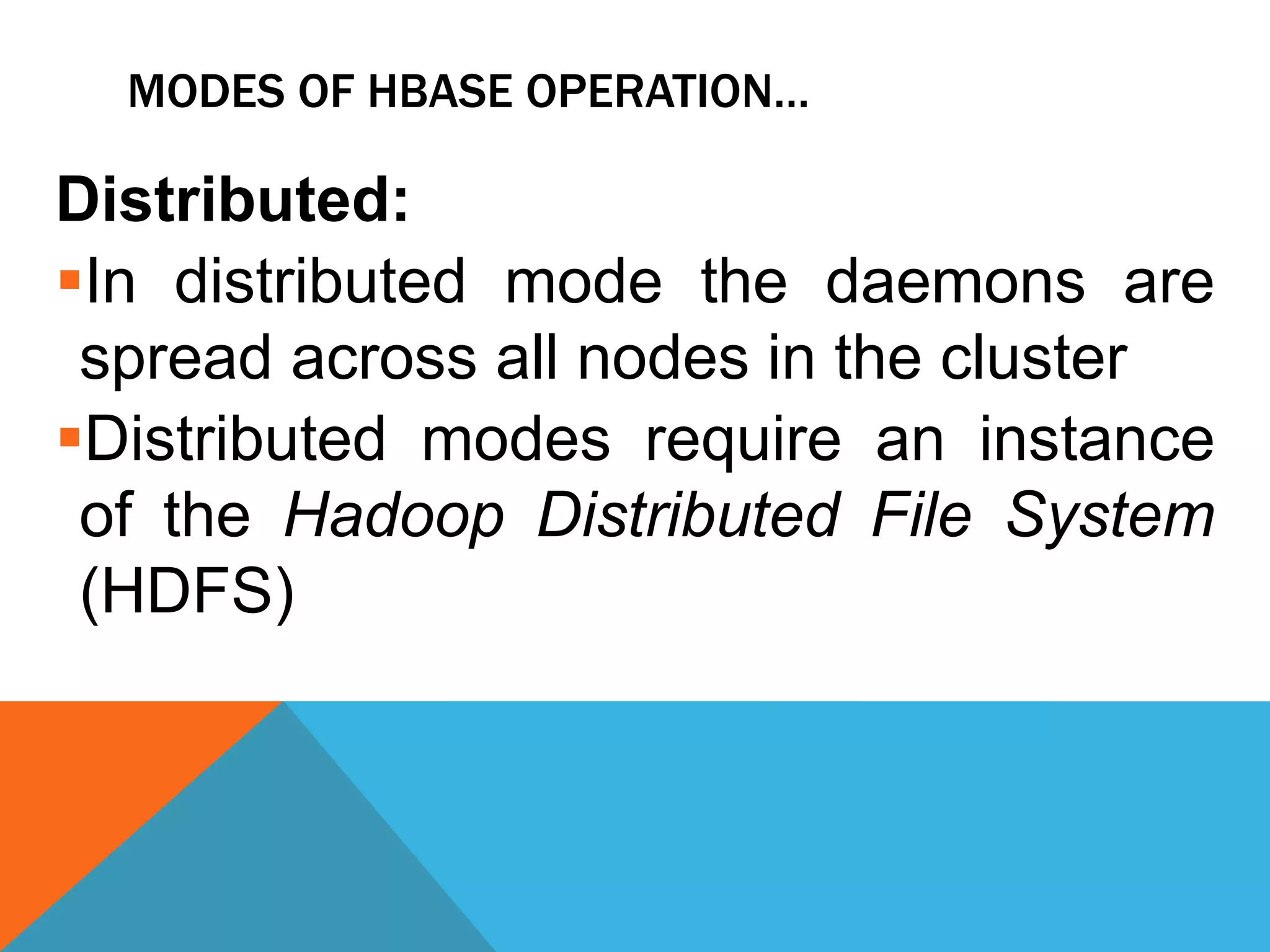 MODES OF HBASE OPERATION…
Distributed:
In distributed mode the daemons are
spread across all nodes in the cluster
Distributed modes require an instance
of the Hadoop Distributed File System
(HDFS)
 