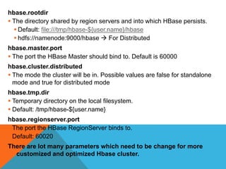 hbase.rootdir
 The directory shared by region servers and into which HBase persists.
 Default: file:///tmp/hbase-${user.name}/hbase
 hdfs://namenode:9000/hbase  For Distributed
hbase.master.port
 The port the HBase Master should bind to. Default is 60000
hbase.cluster.distributed
 The mode the cluster will be in. Possible values are false for standalone
mode and true for distributed mode
hbase.tmp.dir
 Temporary directory on the local filesystem.
 Default: /tmp/hbase-${user.name}
hbase.regionserver.port
 The port the HBase RegionServer binds to.
 Default: 60020
There are lot many parameters which need to be change for more
customized and optimized Hbase cluster.
 