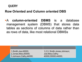 QUERY
Row Oriented and Column oriented DBS
A column-oriented DBMS is a database
management system (DBMS) that stores data
tables as sections of columns of data rather than
as rows of data, like most relational DBMSs
1,Smith,Joe,40000;
2,Jones,Mary,50000;
3,Johnson,Cathy,44000;
1,2,3; Smith,Jones,Johnson;
Joe,Mary,Cathy;
40000,50000,44000;
 