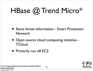 HBase @ Trend Micro*

                    • Store threat information - Smart Protection
                           Network
                    • Open source cloud computing initiative -
                           TCloud
                    • Primarily run off EC2

*Source: https://hbase.s3.amazonaws.com/hbase/HBase-
                                                       24
Trend-HUG10.pdf
Tuesday, August 17, 2010
 