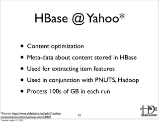 HBase @ Yahoo*

                    • Content optimization
                    • Meta-data about content stored in HBase
                    • Used for extracting item features
                    • Used in conjunction with PNUTS, Hadoop
                    • Process 100s of GB in each run
*Source: http://www.slideshare.net/ydn/7-online-
                                                   25
contentoptimizationhadoopsummit2010
Tuesday, August 17, 2010
 
