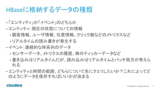 4	
  ©	
  Cloudera,	
  Inc.	
  All	
  rights	
  reserved.	
  
HBaseに格納するデータの種類	
  
•  「エンティティ」か「イベント」のどちらか	
  
•  エンティティ:	
  現在の状態についての情報	
  
• 顧客情報、ユーザ情報、位置情報、クリック数などのメトリクスなど	
  
• リアルタイムの読み書きが発生する	
  
•  イベント:	
  連続的な時系列のデータ	
  
• センサーデータ、メトリクスの履歴、株のティッカーデータなど	
  
• 書き込みはリアルタイムだが、読み込みはリアルタイムとバッチ両方が考えら
れる	
  
•  エンティティと時間の範囲、どちらについて先にクエリしたいか？これによってど
のようにデータを保存すればいいかが決まる	
  
 