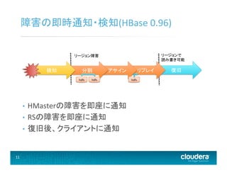 11	
  
障害の即時通知・検知(HBase	
  0.96)	
  
•  HMasterの障害を即座に通知	
  
•  RSの障害を即座に通知	
  
•  復旧後、クライアントに通知	
  
復旧	
  	
  	
  リプレイ	
  	
  	
  アサイン	
  分割	
  
リージョン障害	
   リージョンで	
  
読み書き可能	
  
hdfs	
  
検知	
  
hdfs	
  hdfs	
  
 