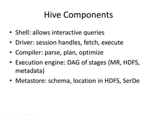 Hive Components 
• Shell: allows interactive queries 
• Driver: session handles, fetch, execute 
• Compiler: parse, plan, optimize 
• Execution engine: DAG of stages (MR, HDFS, 
metadata) 
• Metastore: schema, location in HDFS, SerDe 
Source: cc-licensed slide by Cloudera 
 