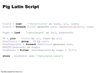 Pig Latin Script 
Visits = load ‘/data/visits’ as (user, url, time); 
Visits = foreach Visits generate user, Canonicalize(url), time; 
Pages = load ‘/data/pages’ as (url, pagerank); 
VP = join Visits by url, Pages by url; 
UserVisits = group VP by user; 
UserPageranks = foreach UserVisits generate user, 
AVG(VP.pagerank) as avgpr; 
GoodUsers = filter UserPageranks by avgpr > ‘0.5’; 
store GoodUsers into '/data/good_users'; 
Pig Slides adapted from Olston et al. 
 