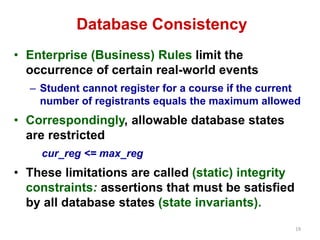 19 
Database Consistency 
• Enterprise (Business) Rules limit the 
occurrence of certain real-world events 
– Student cannot register for a course if the current 
number of registrants equals the maximum allowed 
• Correspondingly, allowable database states 
are restricted 
cur_reg <= max_reg 
• These limitations are called (static) integrity 
constraints: assertions that must be satisfied 
by all database states (state invariants). 
 