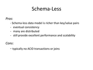 Schema-Less 
Pros: 
- Schema-less data model is richer than key/value pairs 
- eventual consistency 
- many are distributed 
- still provide excellent performance and scalability 
Cons: 
- typically no ACID transactions or joins 
 
