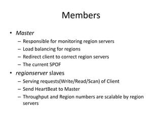Members 
• Master 
– Responsible for monitoring region servers 
– Load balancing for regions 
– Redirect client to correct region servers 
– The current SPOF 
• regionserver slaves 
– Serving requests(Write/Read/Scan) of Client 
– Send HeartBeat to Master 
– Throughput and Region numbers are scalable by region 
servers 
 