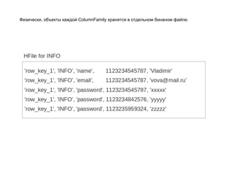 Физически, объекты каждой ColumnFamily хранятся в отдельном бинаном файле.
 