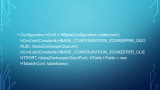 • Configuration hConf = HBaseConfiguration.create(conf);
hConf.set(Constants.HBASE_CONFIGURATION_ZOOKEEPER_QUO
RUM, hbaseZookeeperQuorum);
hConf.set(Constants.HBASE_CONFIGURATION_ZOOKEEPER_CLIE
NTPORT, hbaseZookeeperClientPort); HTable hTable = new
HTable(hConf, tableName);
 