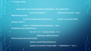 • /** Create a table
• */
• public static void creatTable(String tableName, String[] familys)
• throws Exception { HBaseAdmin admin = new
HBaseAdmin(conf);
• if (admin.tableExists(tableName)) { System.out.println("table
already exists!");
• } else { HTableDescriptor tableDesc = new
HTableDescriptor(tableName);
• for (int i = 0; i < familys.length; i++) {
• tableDesc.addFamily(new
HColumnDescriptor(familys[i]));
• }admin.createTable(tableDesc);
• System.out.println("create table " + tableName + " ok.");
• }
 