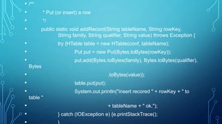 • /**
• * Put (or insert) a row
• */
• public static void addRecord(String tableName, String rowKey,
String family, String qualifier, String value) throws Exception {
• try {HTable table = new HTable(conf, tableName);
• Put put = new Put(Bytes.toBytes(rowKey));
• put.add(Bytes.toBytes(family), Bytes.toBytes(qualifier),
Bytes
• .toBytes(value));
• table.put(put);
• System.out.println("insert recored " + rowKey + " to
table "
• + tableName + " ok.");
• } catch (IOException e) {e.printStackTrace();
 