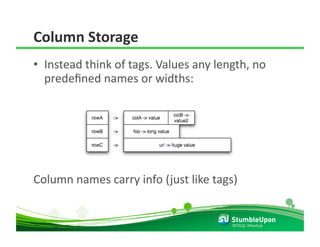 Column Storage 
•  Instead think of tags. Values any length, no 
   predeﬁned names or widths: 




Column names carry info (just like tags) 


                                        NOSQL Meetup 
 