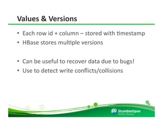 Values & Versions 
•  Each row id + column – stored with Rmestamp 
•  HBase stores mulRple versions 

•  Can be useful to recover data due to bugs! 
•  Use to detect write conﬂicts/collisions 




                                       NOSQL Meetup 
 