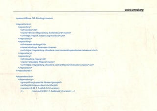 www.vmcd.org 
<name> 
HBase DB Binding</<repositories> 
<repository> 
<id> 
central</<name> 
Maven Repository Switchboard</<url>http://repo1.maven.org/maven2</url> 
</repository> 
<repository> 
<id>maven-hadoop</id> 
<name> 
Hadoop Releases</<url>https://repository.cloudera.com/content/repositories/releases/</url> 
</repository> 
<repository> 
<id>cloudera-repos</id> 
<name> 
Cloudera Repos</<url>https://repository.cloudera.com/artifactory/cloudera-repos/</url> 
</repository> 
</repositories> 
<dependencies> 
<dependency> 
<groupId> 
org.apache.hbase</<artifactId>hbase-client</artifactId> 
<version>0.96.1.1-cdh5.0.0</version> 
<!-- <version>0.96.1.1-hadoop2</version> -->  