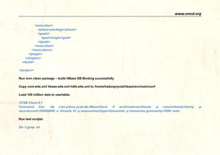 www.vmcd.org 
<execution> 
<phase> 
package</<goals> 
<goal>single</goal> 
</goals> 
</execution> 
</executions> 
</plugin> 
</plugins> 
</build> 
</project> 
Run mvn clean package – build HBase DB Binding successfully 
Copy core-site.xml hbase-site.xml hdfs-site.xml to /home/hadoop/ycsb/hbase/src/main/conf 
Load 50 millions data to usertable: 
YCSB Client 0.1 
Command line: -db com.yahoo.ycsb.db.HBaseClient -P workloads/workloada -p columnfamily=family -p recordcount=50000000 -s -threads 10 -p measurementtype=timeseries -p timeseries.granularity=2000 –load 
[OVERALL], Reconnections, 0.0 
[OVERALL], RunTime(ms), 823765.0 
[OVERALL], Operations, 4.9999968E7 
[OVERALL], Throughput(ops/sec), 60696.883213052264  