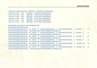 www.vmcd.org 
Run test scripts: 
$ls -l |grep .sh 
for mode in a b c d e f g h i j k do for thread in `seq 1 128` do /home/hadoop/ycsb/bin/ycsb run hbase -P workloads/workload"$mode" -p columnfamily=f1 -p table=test2 -s -threads "$thread" |tee workload"$mode"_t"$thread" done sleep 60 done 
-rw-rw-r-- 1 hadoop 58901 Sep 10 23:27 workloada_t1 
… 
-rw-rw-r-- 1 hadoop 58901 Sep 10 23:27 workloadk_t120 
-rw-rw-r-- 1 hadoop 58943 Sep 10 23:28 workloadk_t121 
-rw-rw-r-- 1 hadoop 58998 Sep 10 23:28 workloadk_t122 
-rw-rw-r-- 1 hadoop 59037 Sep 10 23:28 workloadk_t123 
-rw-rw-r-- 1 hadoop 59087 Sep 10 23:29 workloadk_t124 
-rw-rw-r-- 1 hadoop 59120 Sep 10 23:29 workloadk_t125 
-rw-rw-r-- 1 hadoop 59176 Sep 10 23:29 workloadk_t126 
-rw-rw-r-- 1 hadoop 59223 Sep 10 23:30 workloadk_t127 
-rw-rw-r-- 1 hadoop 59266 Sep 10 23:30 workloadk_t128 
-rw-rw-r-- 1 hadoop 54592 Sep 11 09:43 load50m.data  