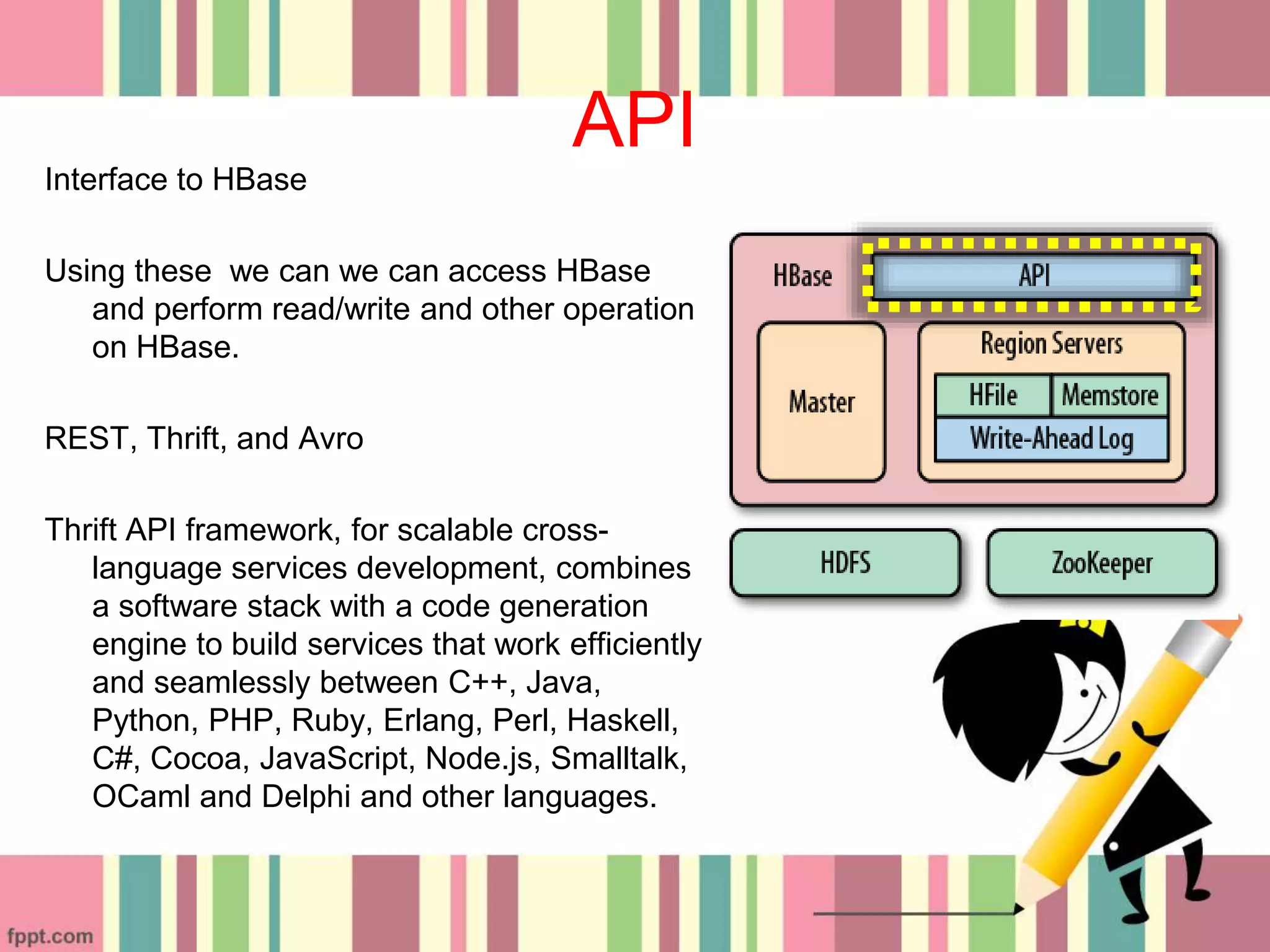 API
Interface to HBase
Using these we can we can access HBase
and perform read/write and other operation
on HBase.
REST, Thrift, and Avro
Thrift API framework, for scalable cross-
language services development, combines
a software stack with a code generation
engine to build services that work efficiently
and seamlessly between C++, Java,
Python, PHP, Ruby, Erlang, Perl, Haskell,
C#, Cocoa, JavaScript, Node.js, Smalltalk,
OCaml and Delphi and other languages.
 