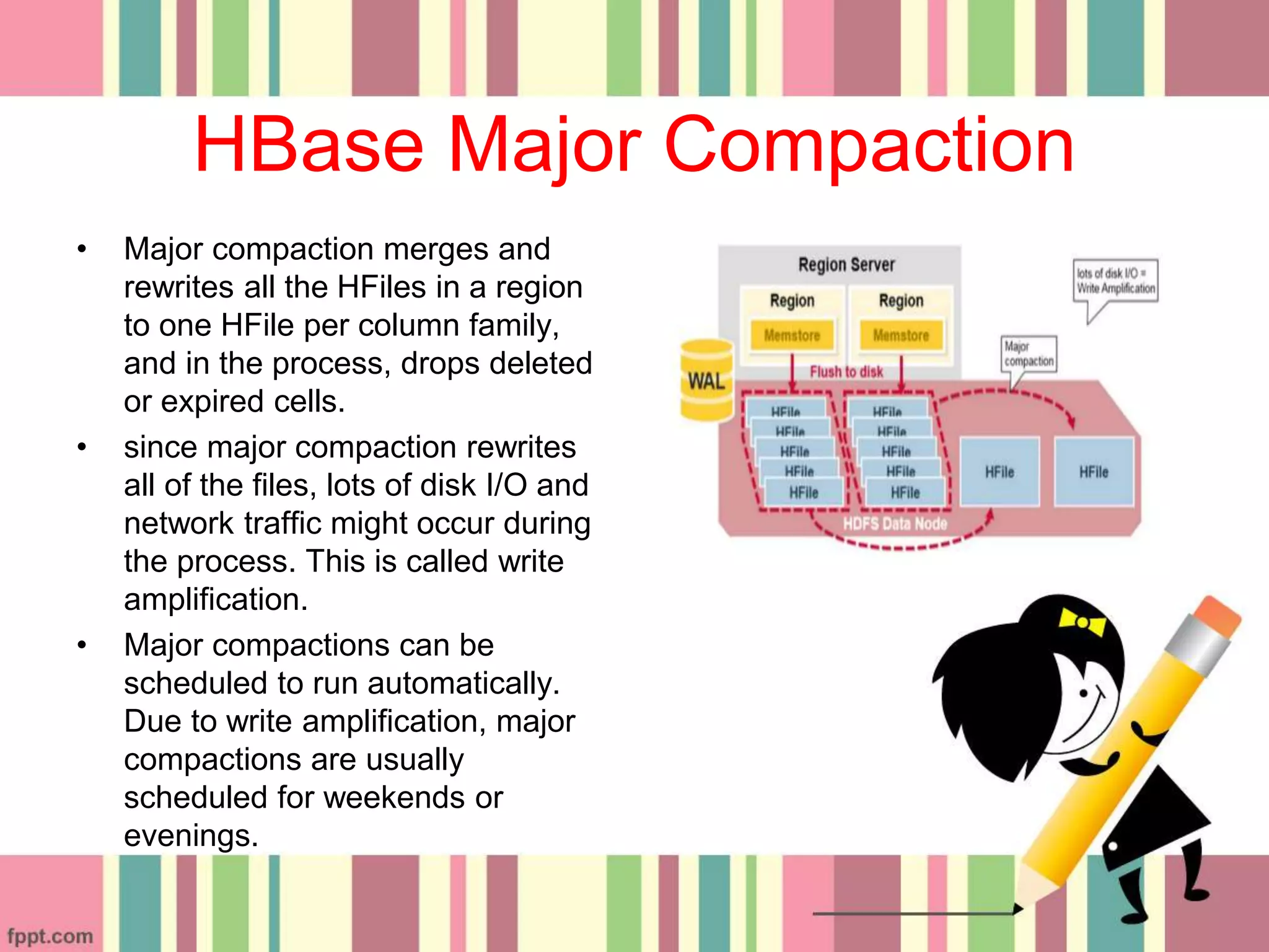 HBase Major Compaction
• Major compaction merges and
rewrites all the HFiles in a region
to one HFile per column family,
and in the process, drops deleted
or expired cells.
• since major compaction rewrites
all of the files, lots of disk I/O and
network traffic might occur during
the process. This is called write
amplification.
• Major compactions can be
scheduled to run automatically.
Due to write amplification, major
compactions are usually
scheduled for weekends or
evenings.
 