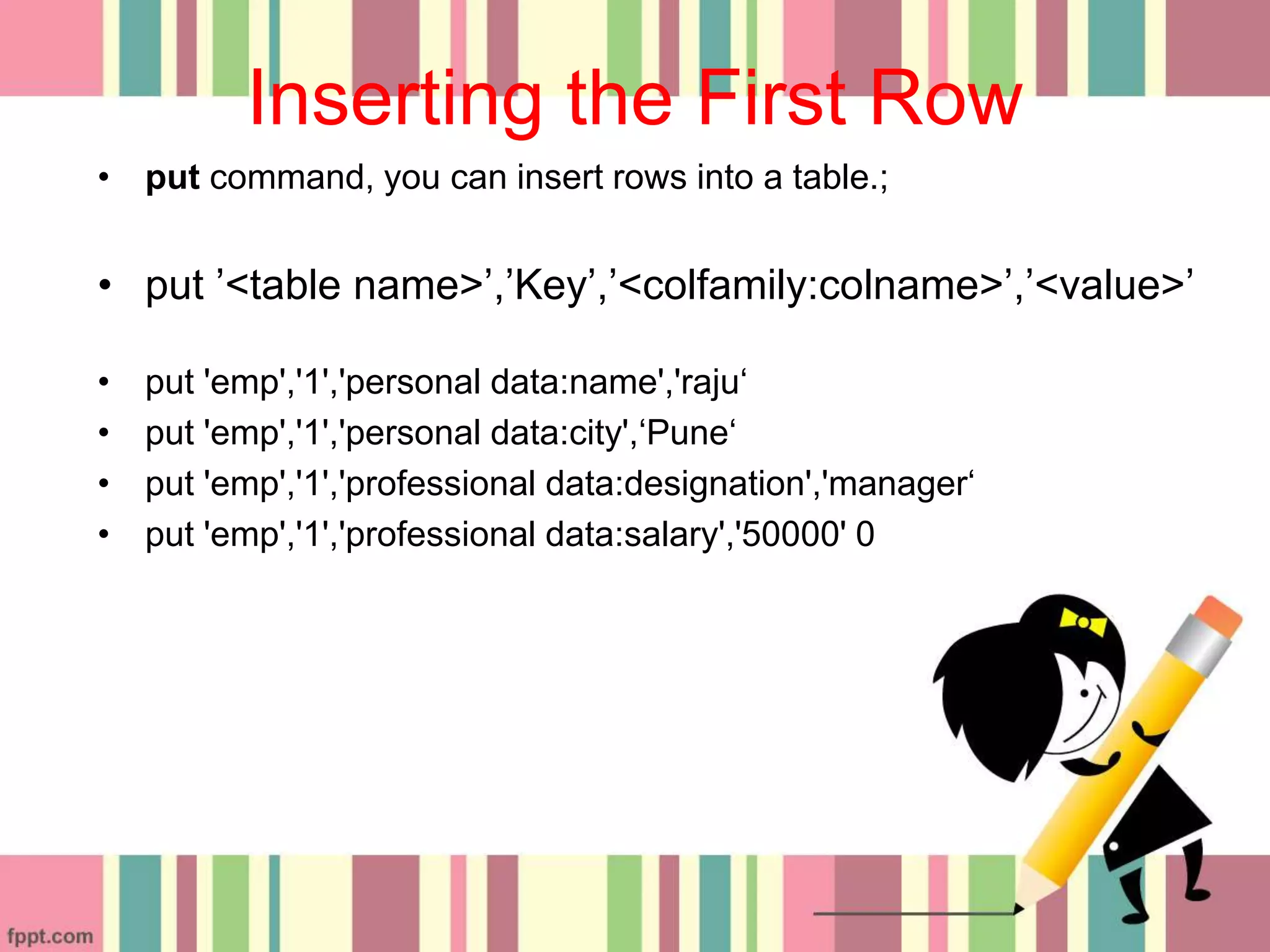 Inserting the First Row
• put command, you can insert rows into a table.;
• put ’<table name>’,’Key’,’<colfamily:colname>’,’<value>’
• put 'emp','1','personal data:name','raju‘
• put 'emp','1','personal data:city',‘Pune‘
• put 'emp','1','professional data:designation','manager‘
• put 'emp','1','professional data:salary','50000' 0
 
