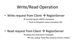 Write/Read Operation
• Write request from Client  RegionServer
 Commit log (on HDFS), memstore
• Flush to filesystem when memstore fills
• Read request from Client  RegionServer
Lookup the memstore if available
If not, lookup flush files (reverse chrono. Order)
 