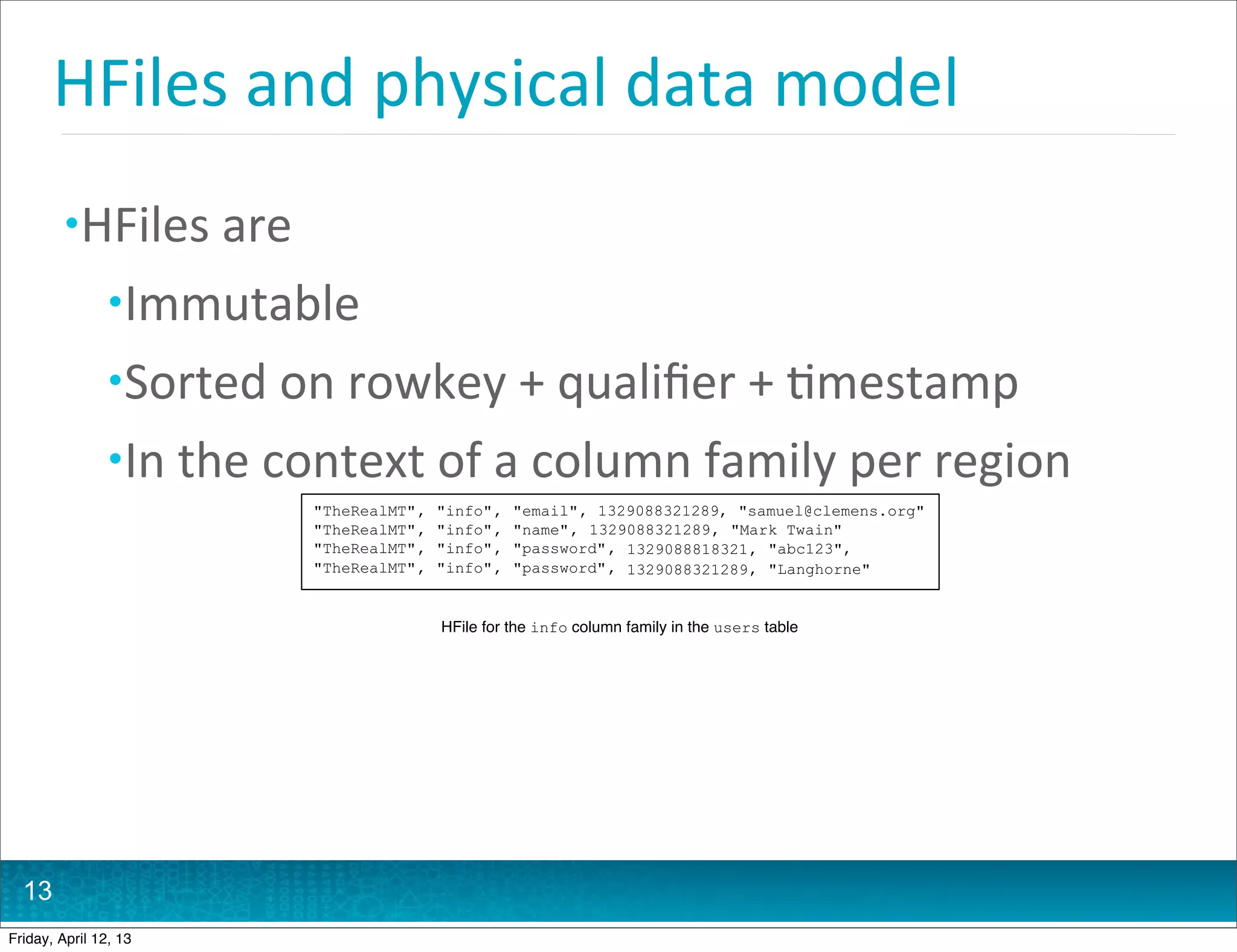 HFiles	
  and	
  physical	
  data	
  model
         • HFiles	
  are
                • Immutable
                • Sorted	
  on	
  rowkey	
  +	
  qualiﬁer	
  +	
  @mestamp
                • In	
  the	
  context	
  of	
  a	
  column	
  family	
  per	
  region
                              "TheRealMT" ,   "info" ,   "email" , 1329088321289, "samuel@clemens.org"
                              "TheRealMT" ,   "info" ,   "name" , 1329088321289 , "Mark Twain"
                              "TheRealMT" ,   "info" ,   "password" , 1329088818321 , "abc123",
                              "TheRealMT" ,   "info" ,   "password" , 1329088321289 , "Langhorne"


                                              HFile for the info column family in the users table




  13
Friday, April 12, 13
 