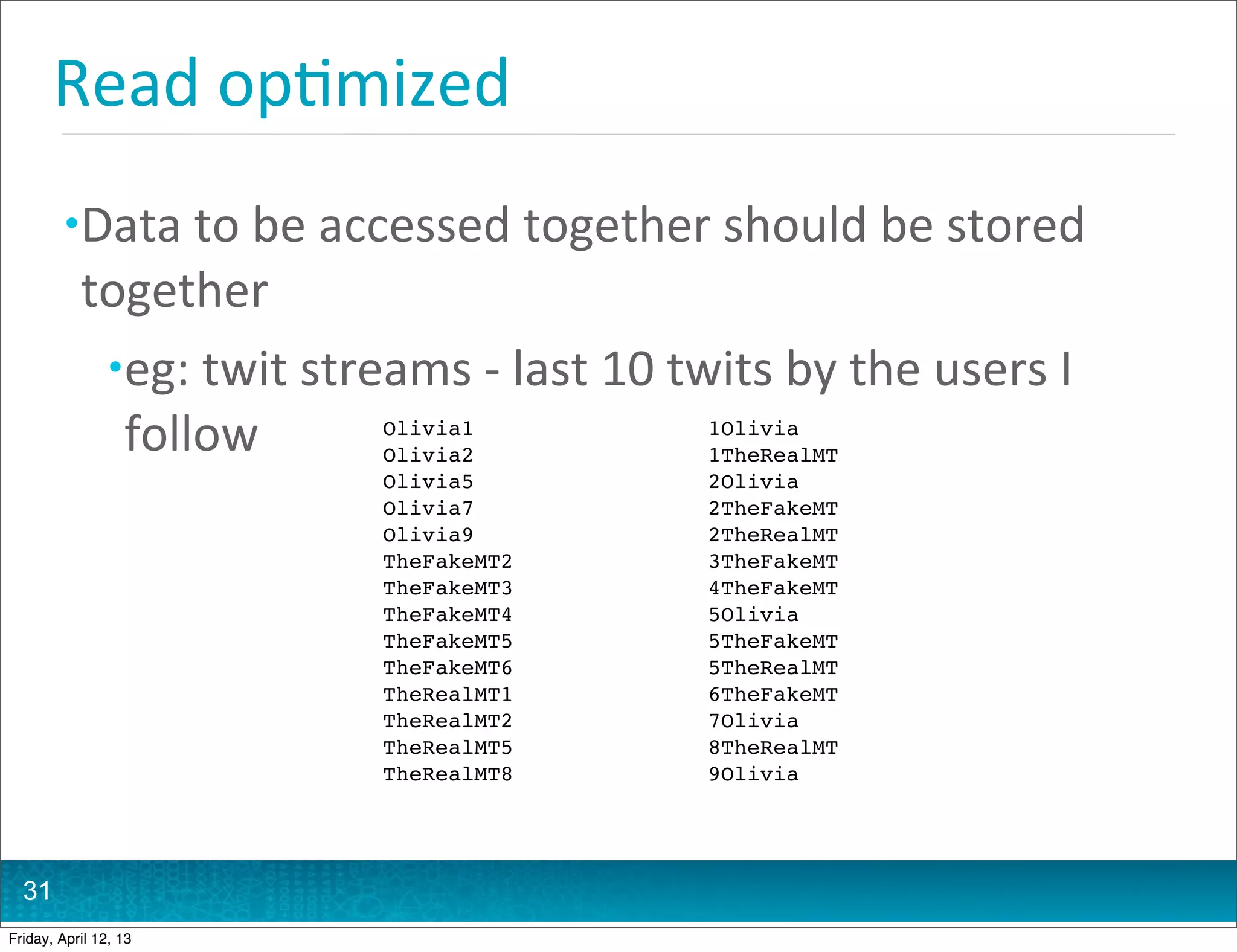 Read	
  op@mized
         • Data	
  to	
  be	
  accessed	
  together	
  should	
  be	
  stored	
  
           together
            • eg:	
  twit	
  streams	
  -­‐	
  last	
  10	
  twits	
  by	
  the	
  users	
  I	
  
              follow             Olivia1
                                 Olivia2
                                                               1Olivia
                                                               1TheRealMT
                                    Olivia5                     2Olivia
                                    Olivia7                     2TheFakeMT
                                    Olivia9                     2TheRealMT
                                    TheFakeMT2                  3TheFakeMT
                                    TheFakeMT3                  4TheFakeMT
                                    TheFakeMT4                  5Olivia
                                    TheFakeMT5                  5TheFakeMT
                                    TheFakeMT6                  5TheRealMT
                                    TheRealMT1                  6TheFakeMT
                                    TheRealMT2                  7Olivia
                                    TheRealMT5                  8TheRealMT
                                    TheRealMT8                  9Olivia




  31
Friday, April 12, 13
 