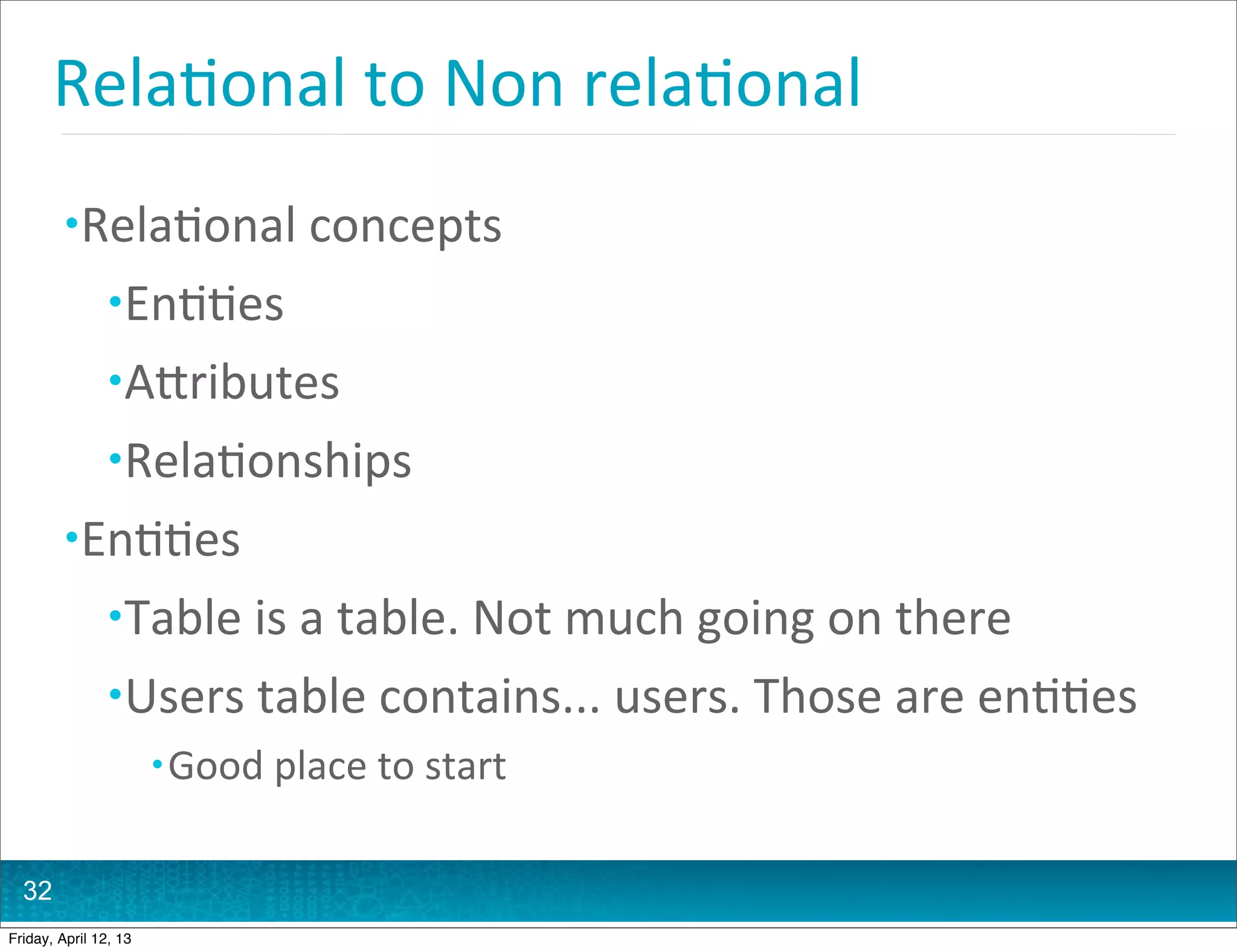 Rela@onal	
  to	
  Non	
  rela@onal
         • Rela@onal	
  concepts
                • En@@es
                • AHributes
                • Rela@onships
         • En@@es
                • Table	
  is	
  a	
  table.	
  Not	
  much	
  going	
  on	
  there
                • Users	
  table	
  contains...	
  users.	
  Those	
  are	
  en@@es
                       • Good	
  place	
  to	
  start


  32
Friday, April 12, 13
 