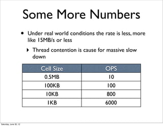 Some More Numbers
                        •   Under real world conditions the rate is less, more
                            like 15MB/s or less
                            ‣   Thread contention is cause for massive slow
                                down

                                   Cell Size                  OPS
                                    0.5MB                       10
                                    100KB                      100
                                     10KB                      800
                                      1KB                     6000


Saturday, June 30, 12
 