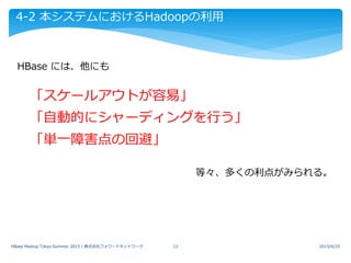 4-2 本システムにおけるHadoopの利用
HBase には、他にも
「スケールアウトが容易」
2015/6/25HBase Meetup Tokyo Summer 2015 / 株式会社フォワードネットワーク 12
「自動的にシャーディングを行う」
「単一障害点の回避」
等々、多くの利点がみられる。
 