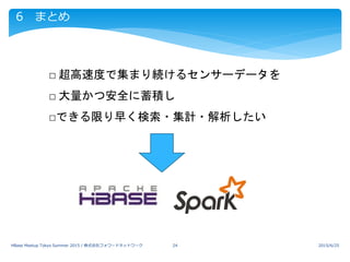 6 まとめ
2015/6/25HBase Meetup Tokyo Summer 2015 / 株式会社フォワードネットワーク 24
□ 超高速度で集まり続けるセンサーデータを
□ 大量かつ安全に蓄積し
□できる限り早く検索・集計・解析したい
 
