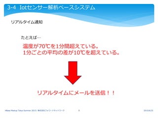 3-4 Iotセンサー解析ベースシステム
リアルタイム通知
2015/6/25HBase Meetup Tokyo Summer 2015 / 株式会社フォワードネットワーク 8
温度が70℃を1分間超えている。
1分ごとの平均の差が10℃を超えている。
リアルタイムにメールを送信！！
たとえば…
 