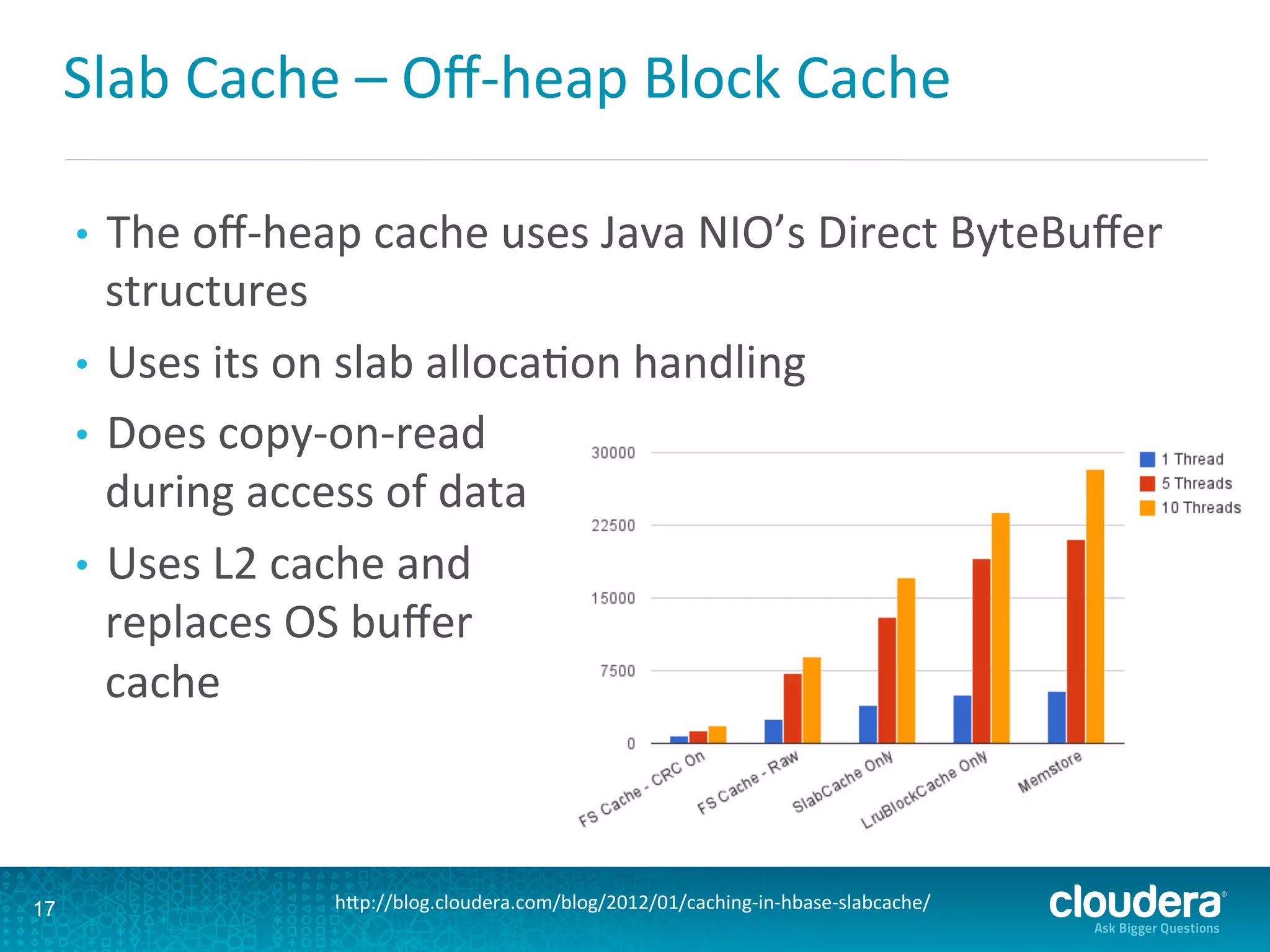 Slab	
  Cache	
  –	
  Oﬀ-­‐heap	
  Block	
  Cache	
  
17 hLp://blog.cloudera.com/blog/2012/01/caching-­‐in-­‐hbase-­‐slabcache/	
  
•  The	
  oﬀ-­‐heap	
  cache	
  uses	
  Java	
  NIO’s	
  Direct	
  ByteBuﬀer	
  
structures	
  
•  Uses	
  its	
  on	
  slab	
  allocaDon	
  handling	
  
•  Does	
  copy-­‐on-­‐read	
  
during	
  access	
  of	
  data	
  
•  Uses	
  L2	
  cache	
  and	
  
replaces	
  OS	
  buﬀer	
  
cache	
  
 