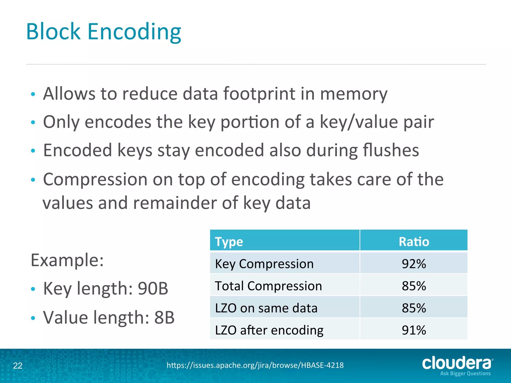 Block	
  Encoding	
  
•  Allows	
  to	
  reduce	
  data	
  footprint	
  in	
  memory	
  
•  Only	
  encodes	
  the	
  key	
  porDon	
  of	
  a	
  key/value	
  pair	
  
•  Encoded	
  keys	
  stay	
  encoded	
  also	
  during	
  ﬂushes	
  
•  Compression	
  on	
  top	
  of	
  encoding	
  takes	
  care	
  of	
  the	
  
values	
  and	
  remainder	
  of	
  key	
  data	
  
	
  	
  
Example:	
  
•  Key	
  length:	
  90B	
  
•  Value	
  length:	
  8B	
  
22
Type	
   Ra0o	
  
Key	
  Compression	
   92%	
  
Total	
  Compression	
   85%	
  
LZO	
  on	
  same	
  data	
   85%	
  
LZO	
  axer	
  encoding	
   91%	
  
hLps://issues.apache.org/jira/browse/HBASE-­‐4218	
  
 