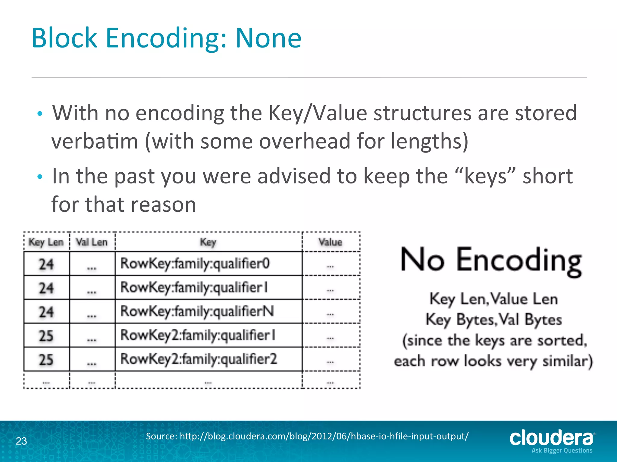 Block	
  Encoding:	
  None	
  
23
Source:	
  hLp://blog.cloudera.com/blog/2012/06/hbase-­‐io-­‐hﬁle-­‐input-­‐output/	
  
•  With	
  no	
  encoding	
  the	
  Key/Value	
  structures	
  are	
  stored	
  
verbaDm	
  (with	
  some	
  overhead	
  for	
  lengths)	
  
•  In	
  the	
  past	
  you	
  were	
  advised	
  to	
  keep	
  the	
  “keys”	
  short	
  
for	
  that	
  reason	
  
	
  
 